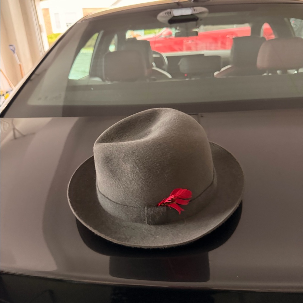 Gray Fedora Hat with Red Feather
